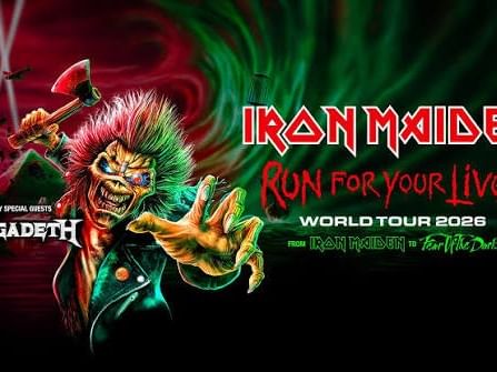 Iron Maiden's Eddie mascot with pink mohawk and axe on concert tour poster with Megadeth as special guest