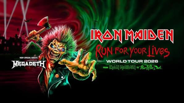Iron Maiden's Eddie mascot with pink mohawk and axe on concert tour poster with Megadeth as special guest
