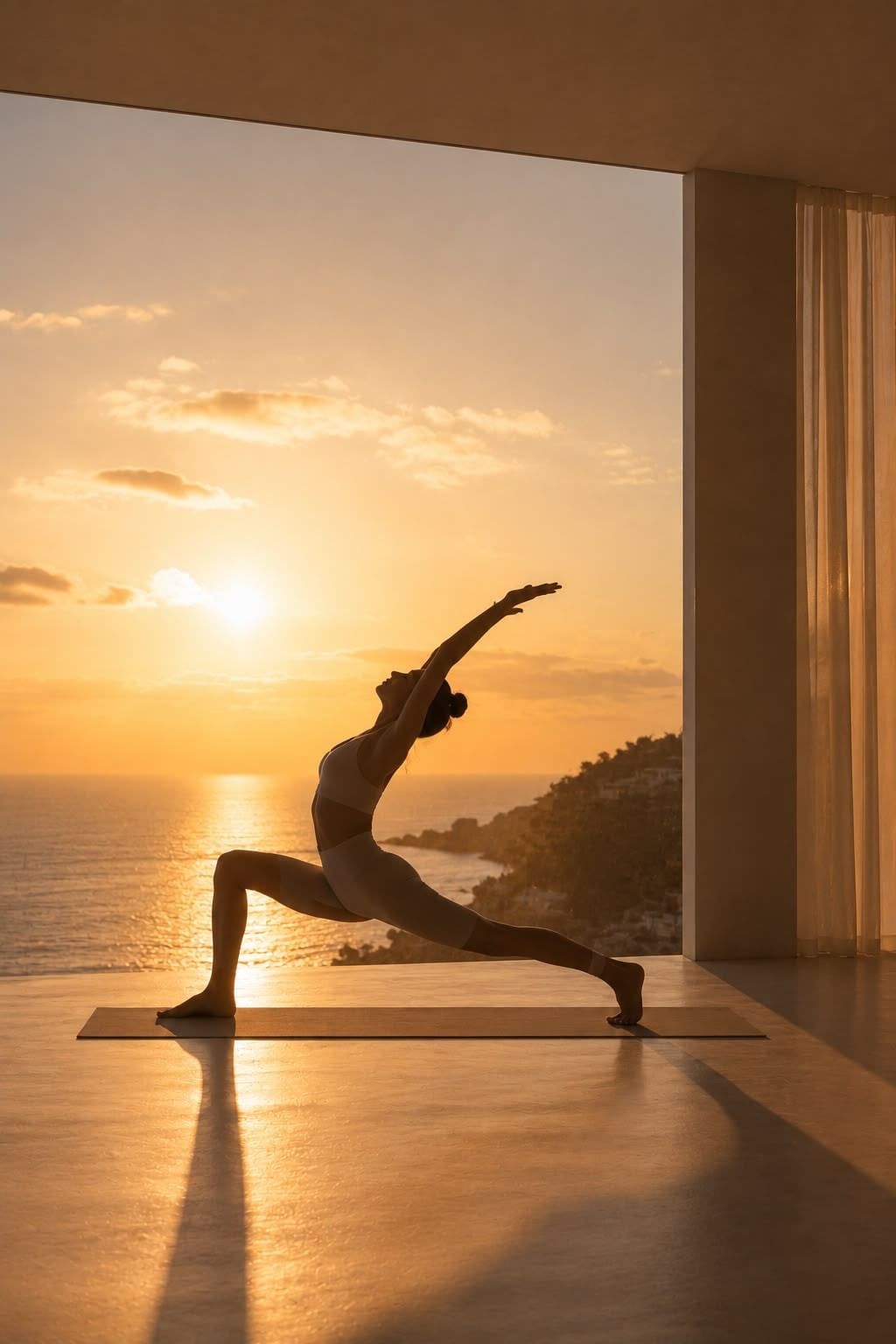 A woman in a low lunge on a yoga mat, silhouetted against a sunset over the sea