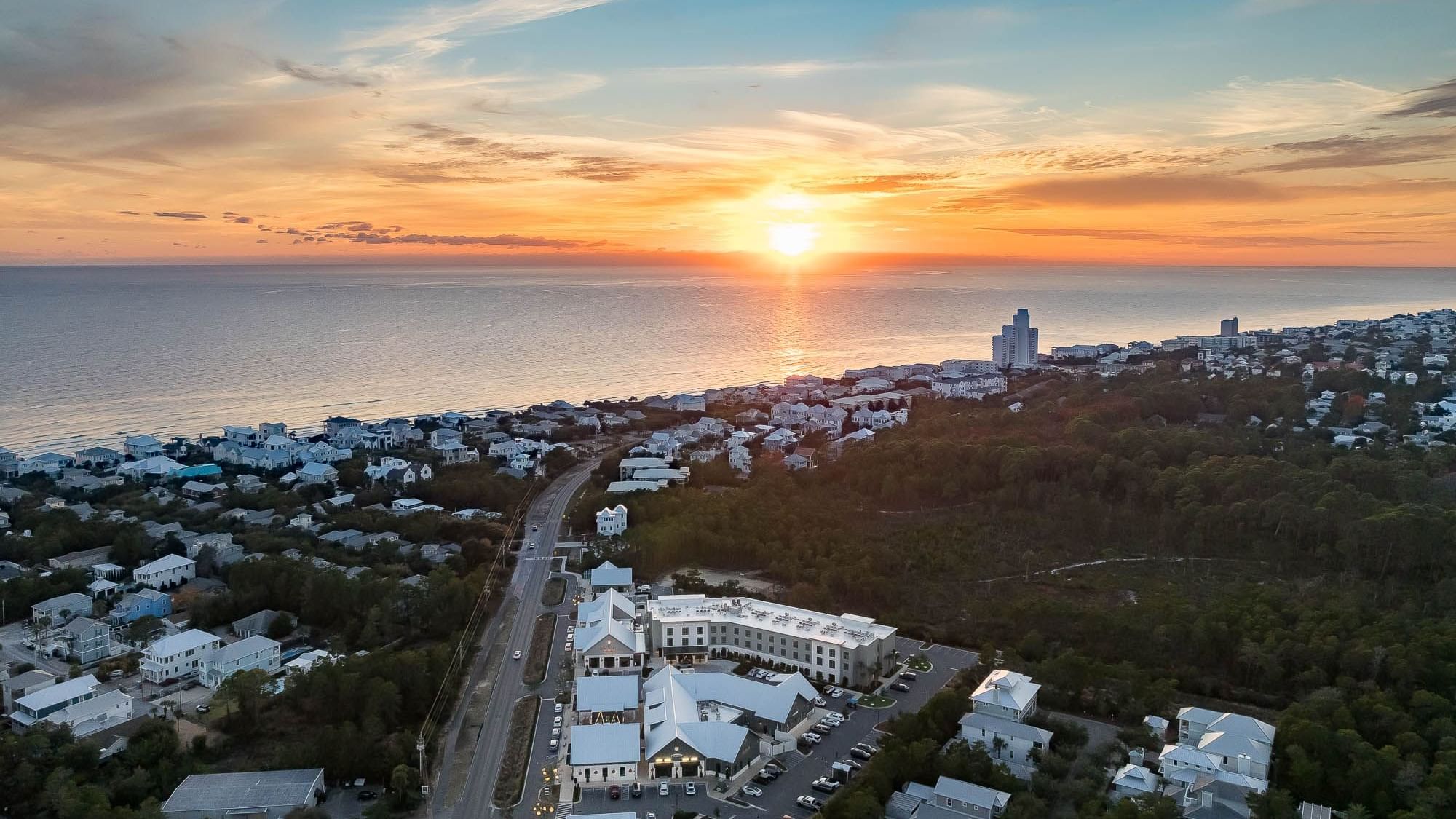 Aerial view of The Lodge 30A at sunset