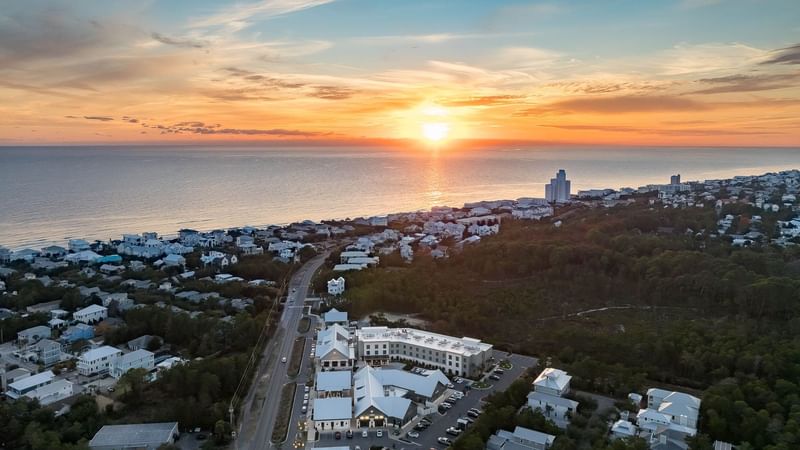 Aerial view of The Lodge 30A at sunset