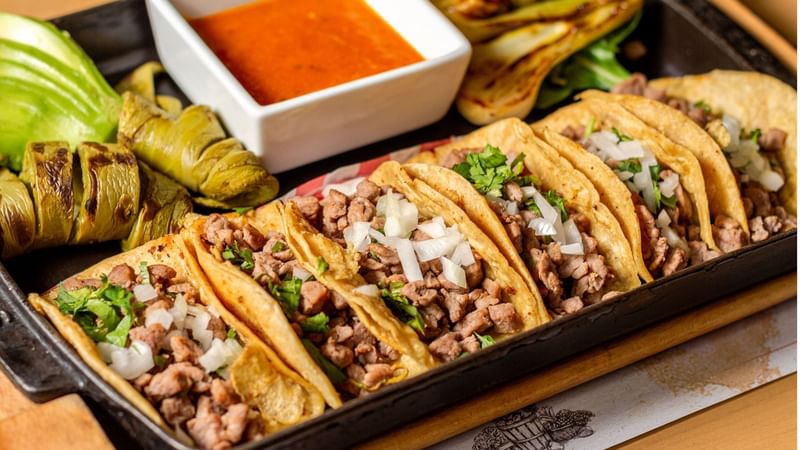 Delicious gourmet beef tacos served with fresh salsa and avocado side at Camino Real Aeropuerto Mexico