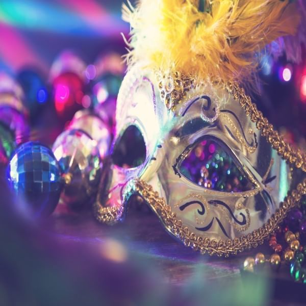 Close-up of a mask in Mardi Gras at La Galerie Hotel