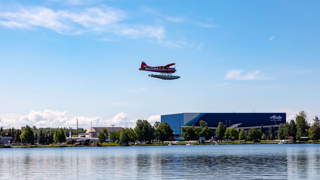 Waterplane flying over water