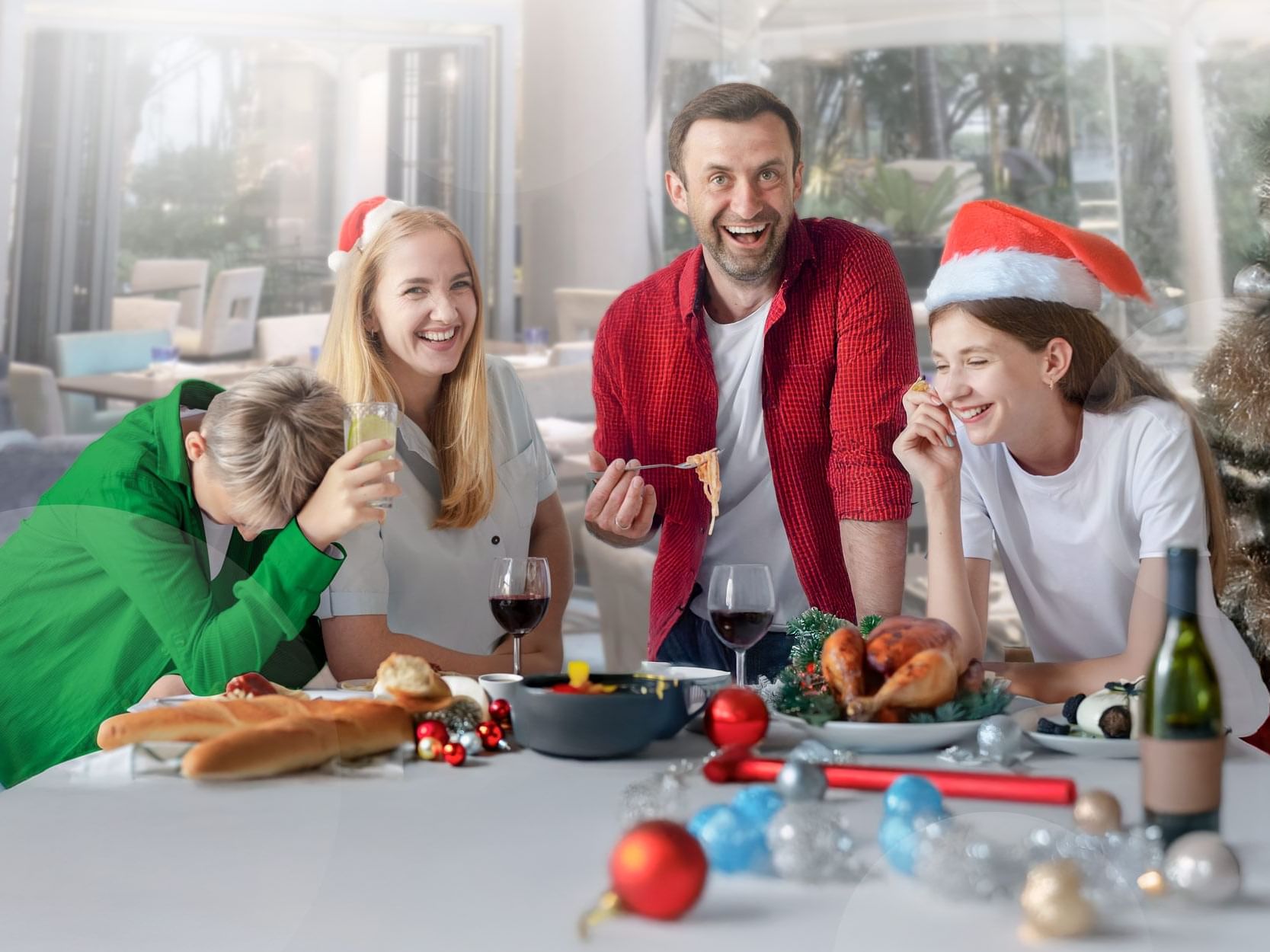 A family gathered around a festive Christmas dinner table, enjoying a meal together in a warm, joyful atmosphere.