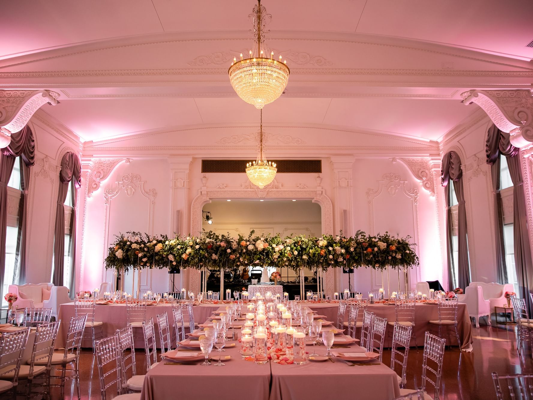 Wide angle image of a reception at The Mayo Hotel