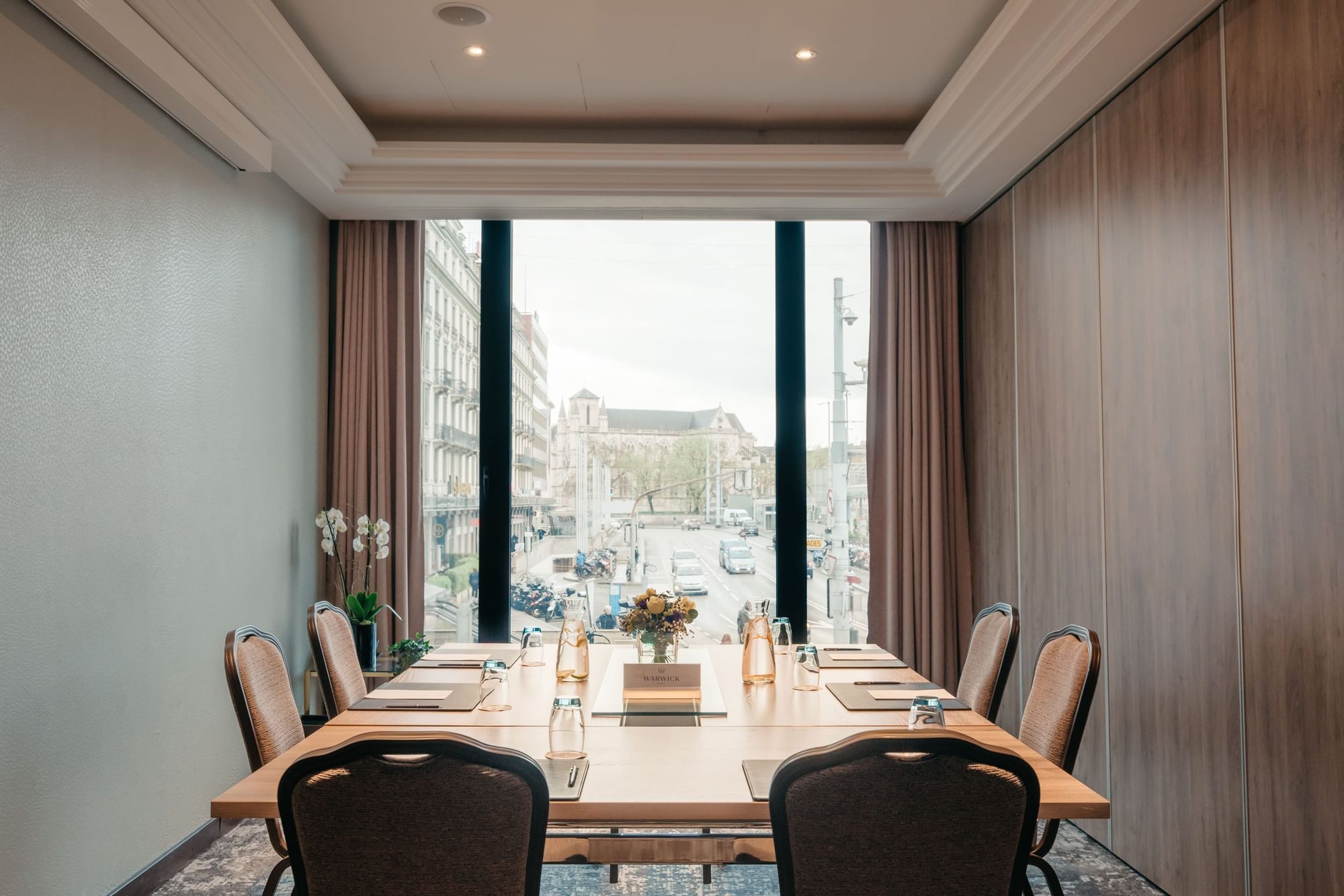 Conference table set up for a meeting arranged in Cervin at Warwick Geneva