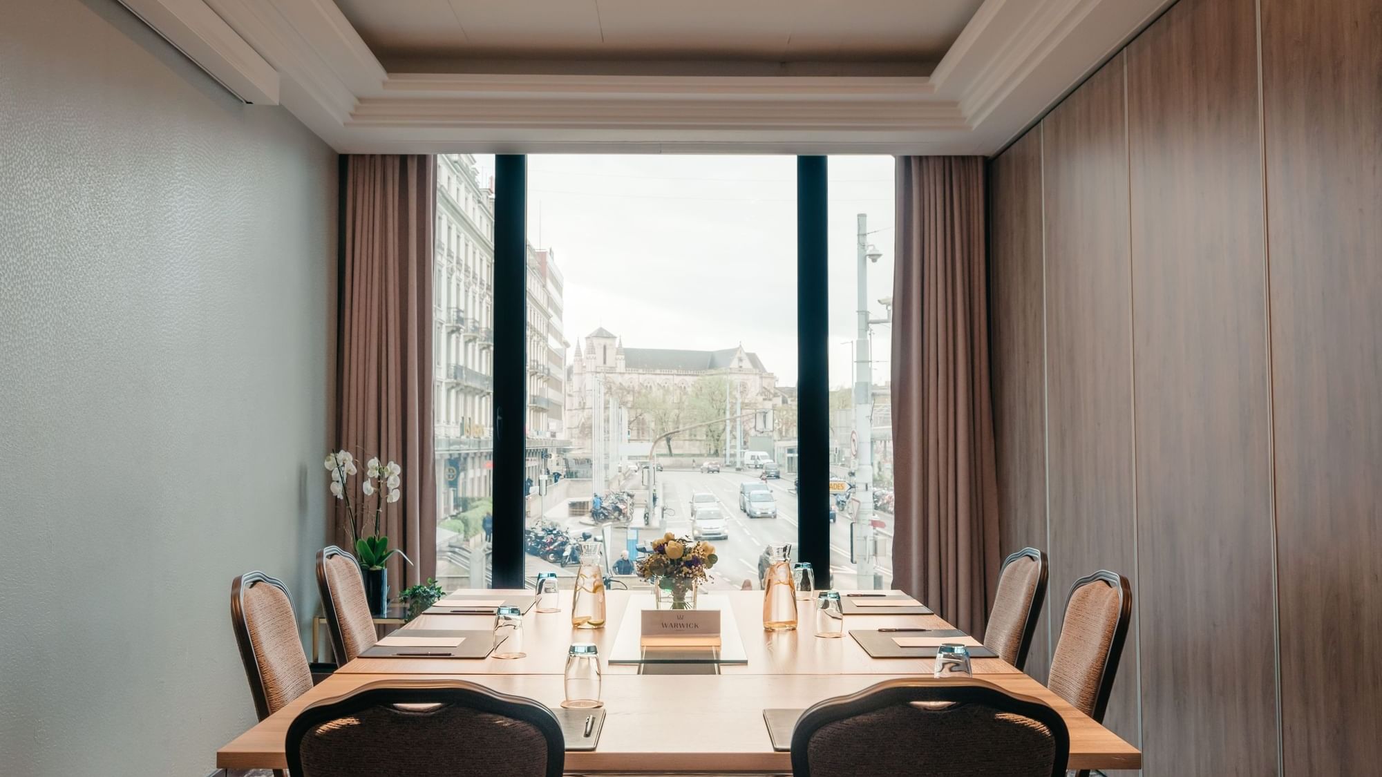 Conference table set up for a meeting arranged in Cervin at Warwick Geneva