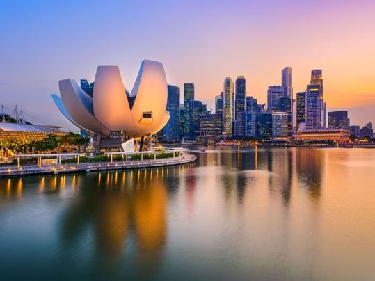 Distant view of Artscience Museum near Carlton Hotel Singapore