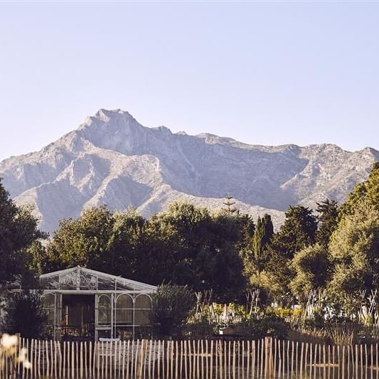 Mountain view with a greenhouse and wooden fence surrounded by trees and a clear sky.