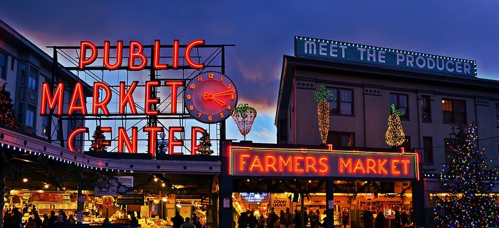 Pike Place Market entrance after the sun has set