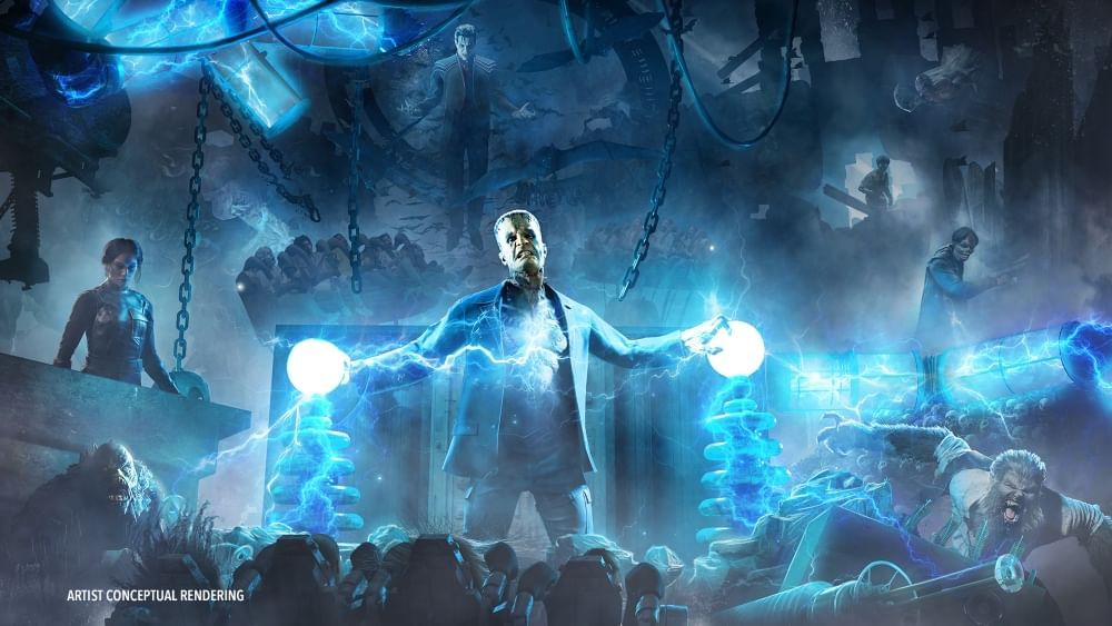 A conceptual rendering of Frankenstein’s monster holding two balls of electricity shooting out blue bolts while surrounded by chains and other monsters including a werewolf. 