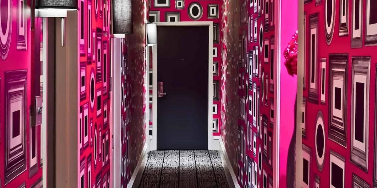 a narrow hallway with a black door at the end and pink walls with a pattern