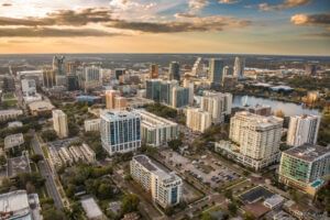 Aerial view of Orlando city near Rosen Inn Universal