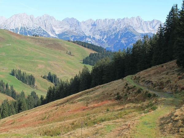 Mountain view from Tiefenbrunner Hotel in Kitzbühel, Austria