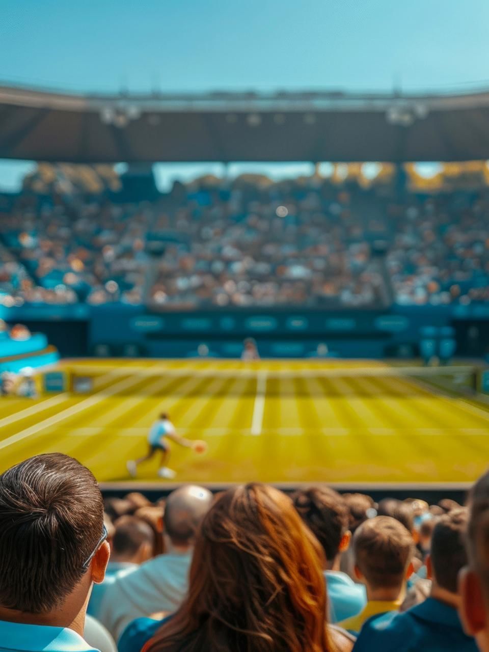 View of a packed tennis stadium with spectators watching a match, focusing on a player near The Glam Hotel