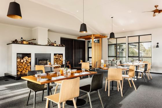 Dining table set-up in a restaurant at Cradle Mountain Hotel