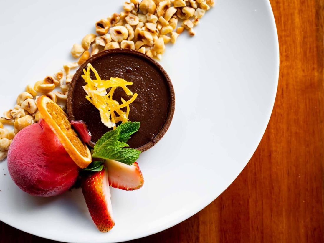 Chocolate & Orange Tart served, Pullman Palm Cove Sea Resort