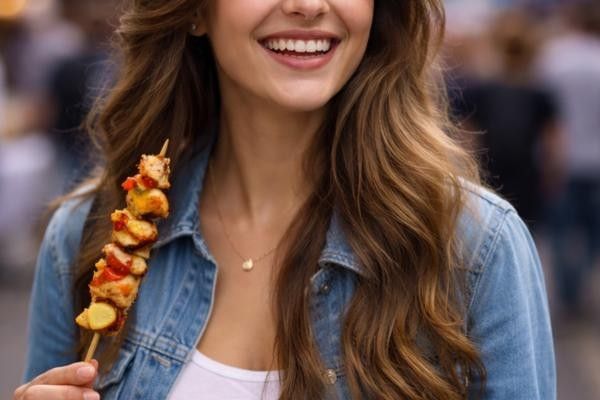 Women enjoying chicken skewer at Godalming Food Festival in Surrey