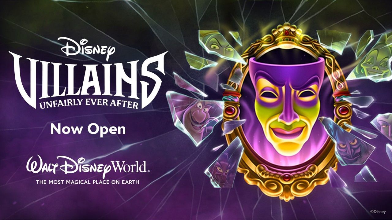 A graphic advertising Disney Villains Unfairly Ever After with an illustration of the Magic Mirror and shattered glass.