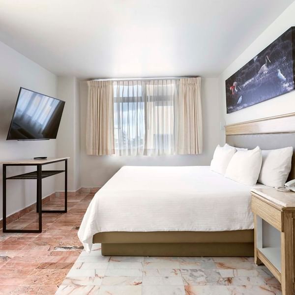 King bed, work desk with a TV in Executive Room at Gamma Hotels