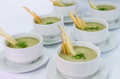 Creamy cauliflower soup bowls served at Bougainvillea Barbados