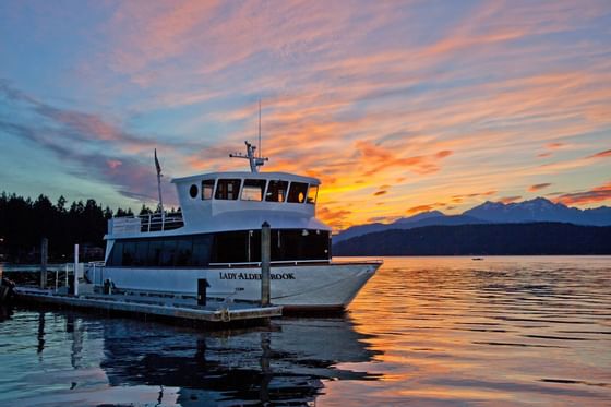 Lady Alderbrook docked at dusk at Alderbrook Resort & Spa