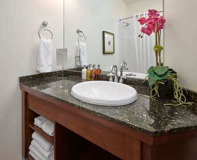 Bathroom Vanity in Deluxe one double at Metterra Hotel on Whyte