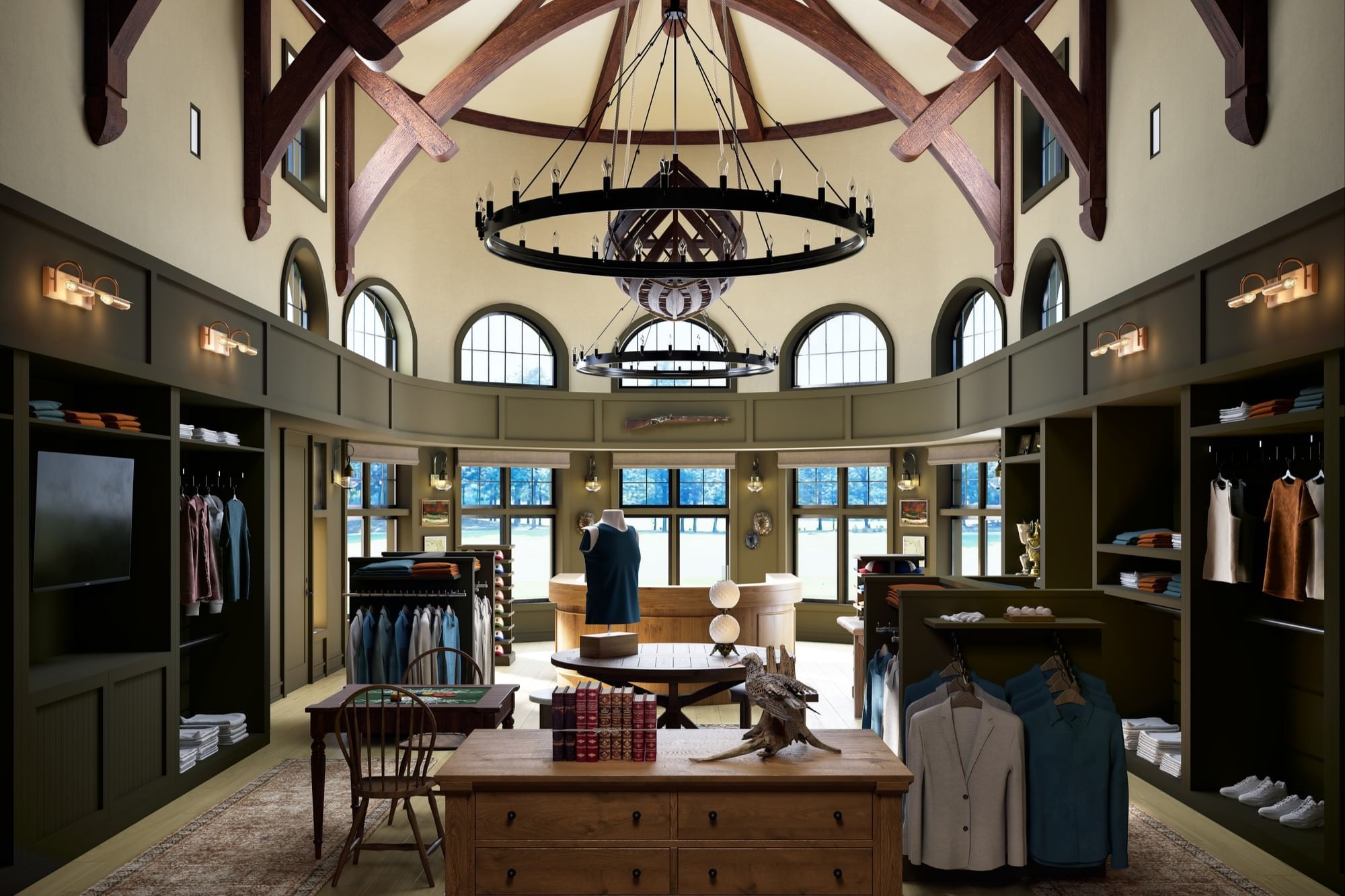 Interior of a clothing store with a circular chandelier, wooden shelves, mannequins, and a large window.