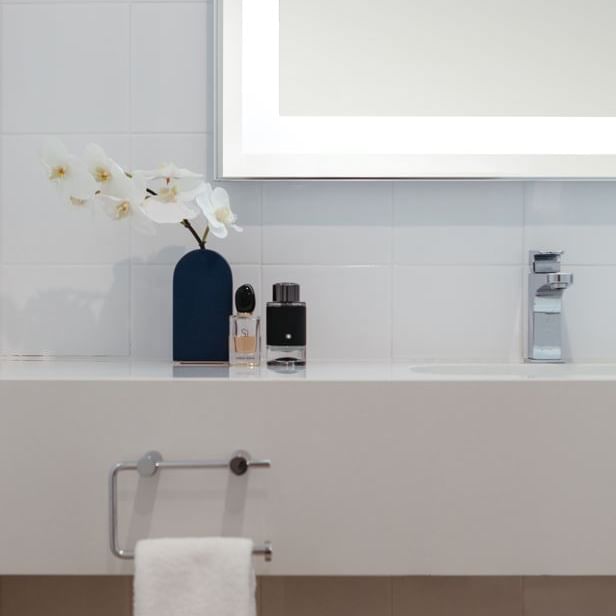 Bathroom vanity in a hotel room at Novotel Glen Waverley