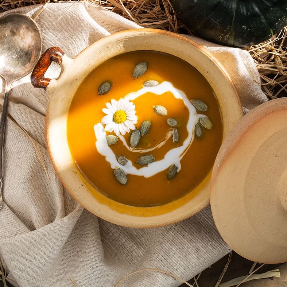 Top shot of a Pumpkin soup served traditionally at Crest Hotel