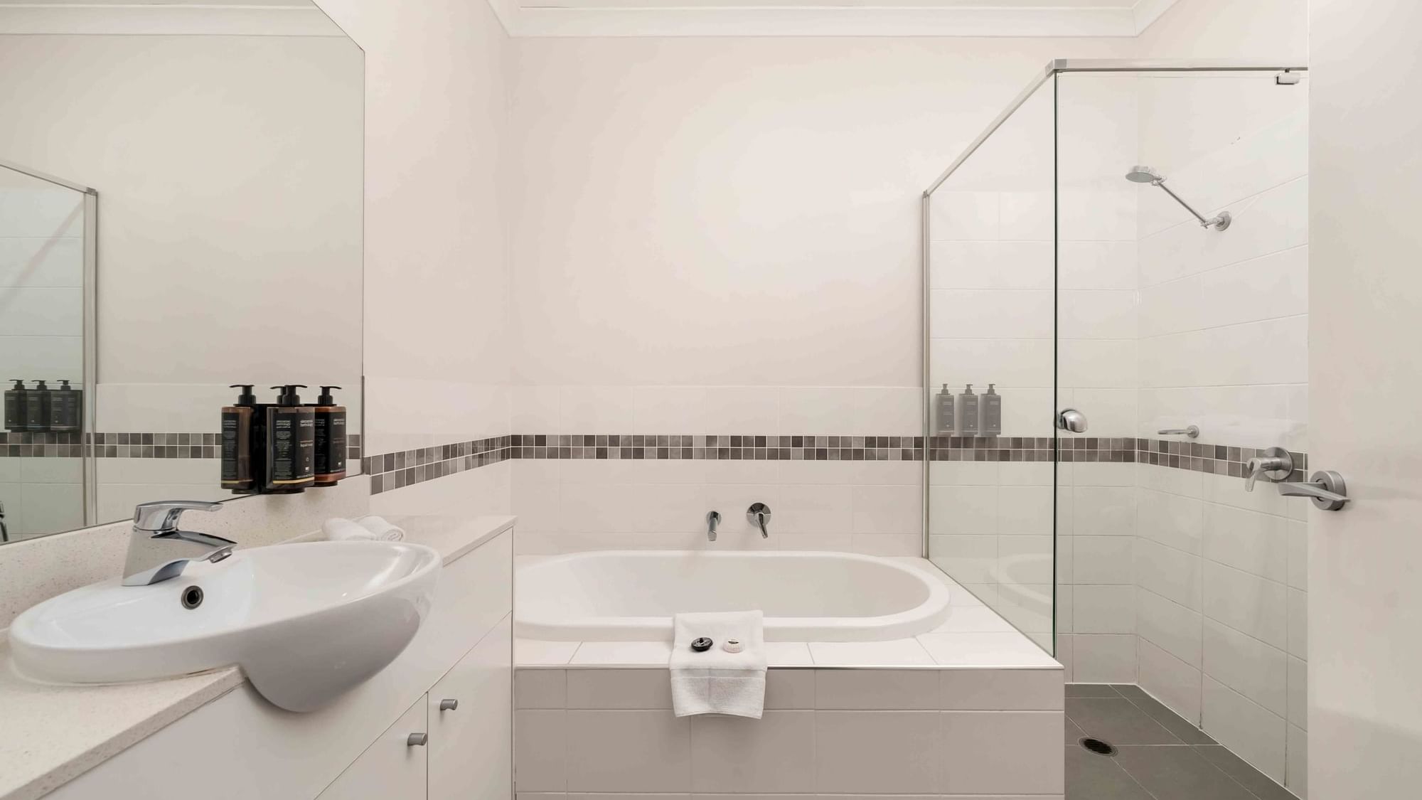 spacious, clean and modern bathroom