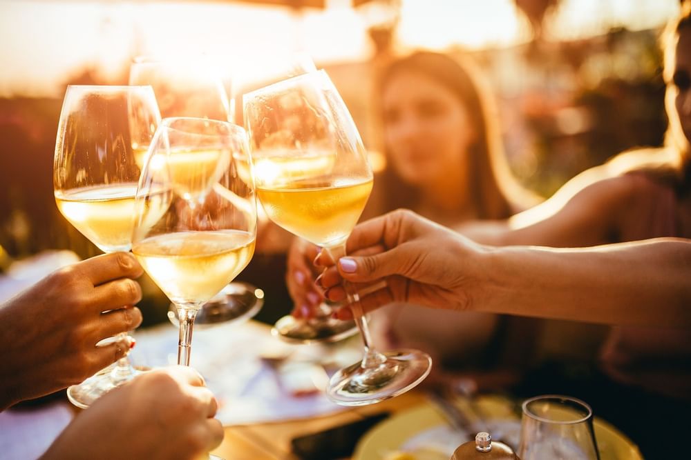 Grupo de amigos brindando copas de vino en Live Aqua Resorts