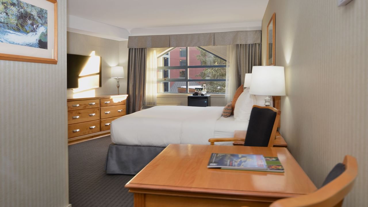Spacious hotel room with a king bed, elegant decor and large window for natural light.