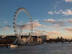 view of the London eye in Southbank London 