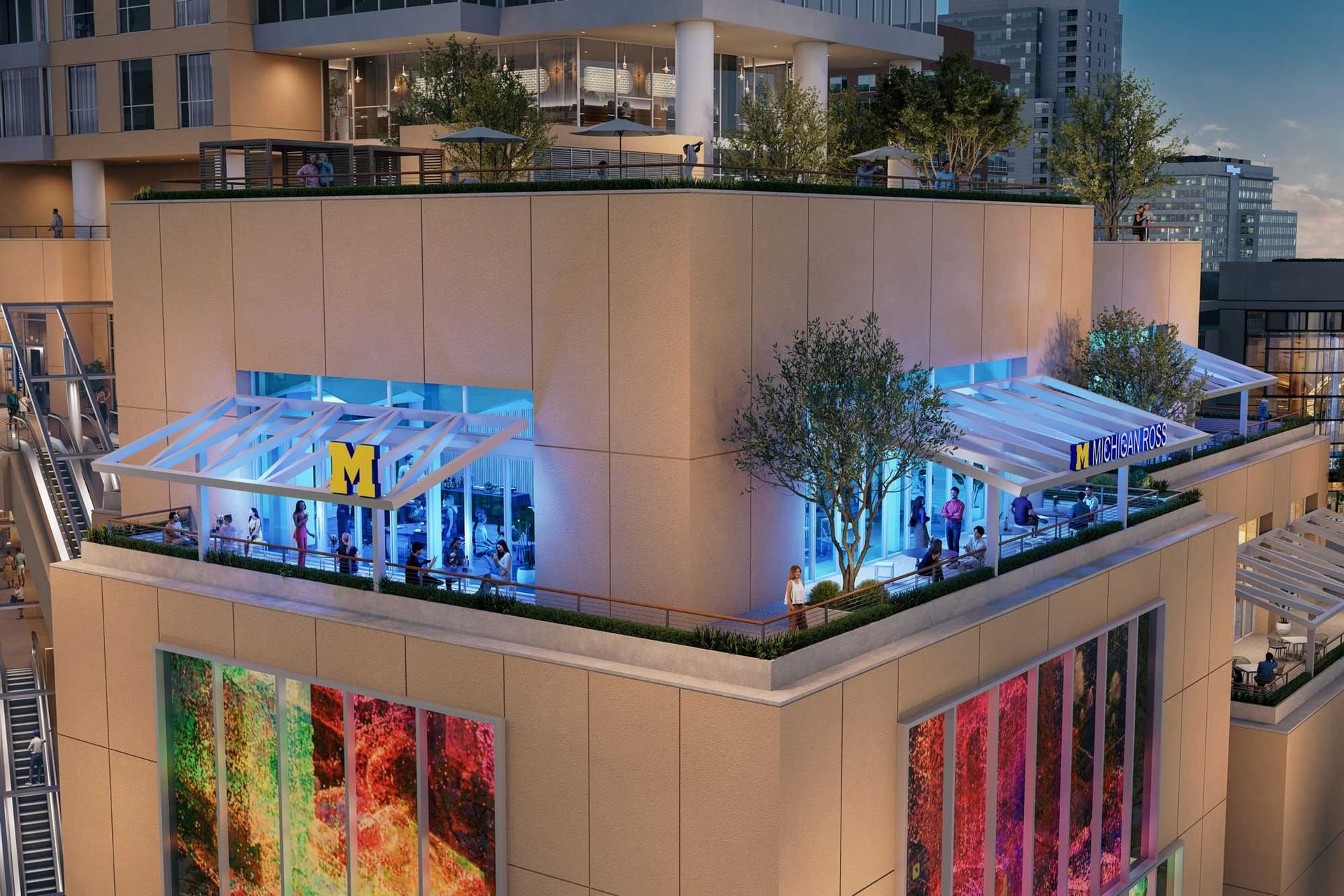 Exterior rendering of Michigan Ross building with people and colorful windows at Aramark Ross