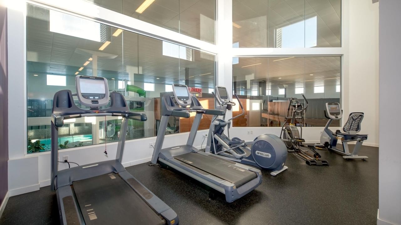 Modern gym with treadmills and elliptical machines.