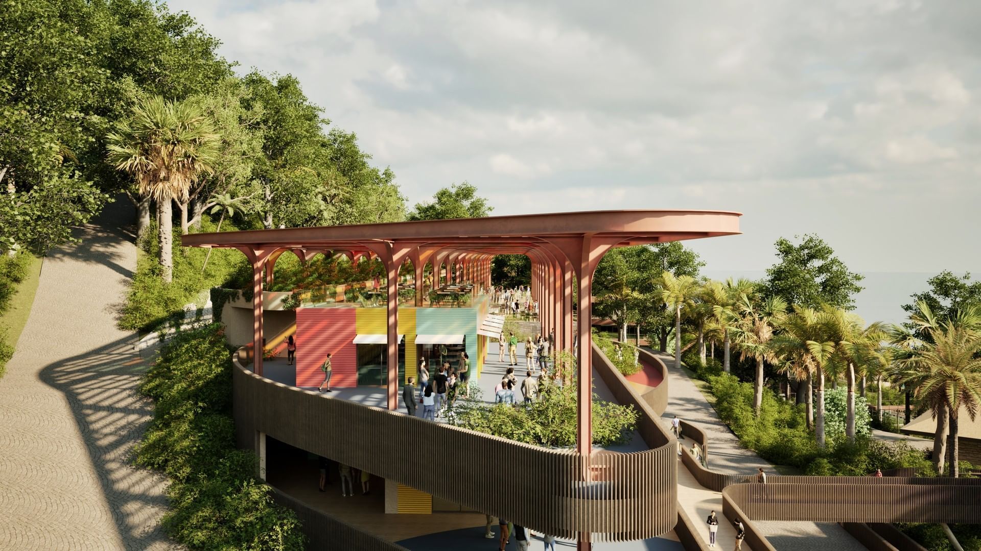 Terraced multi-level BlueZone Shopping Center at A'ila Resorts, with a colorful design and lush tropical surroundings
