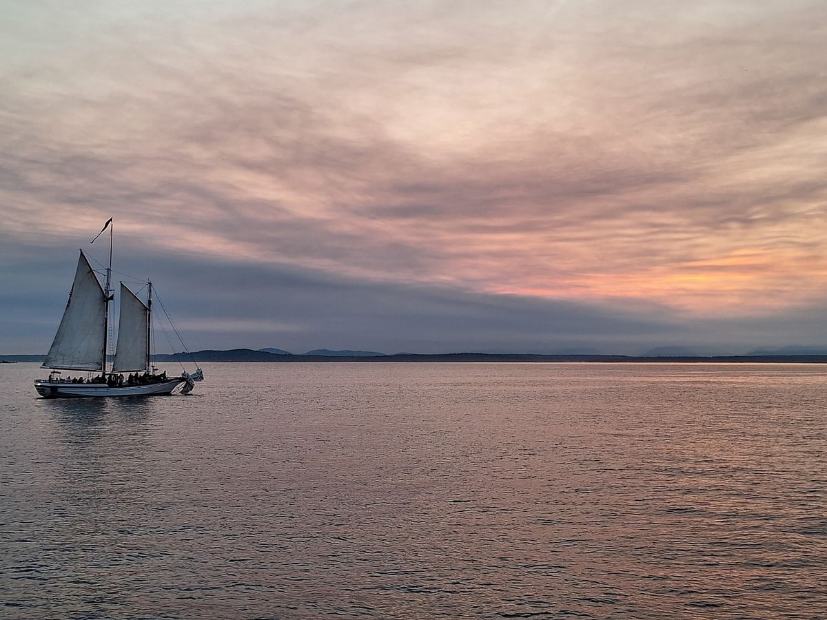 Large sailboat on calm water under a pink and grey sunset sky near Warwick Seattle