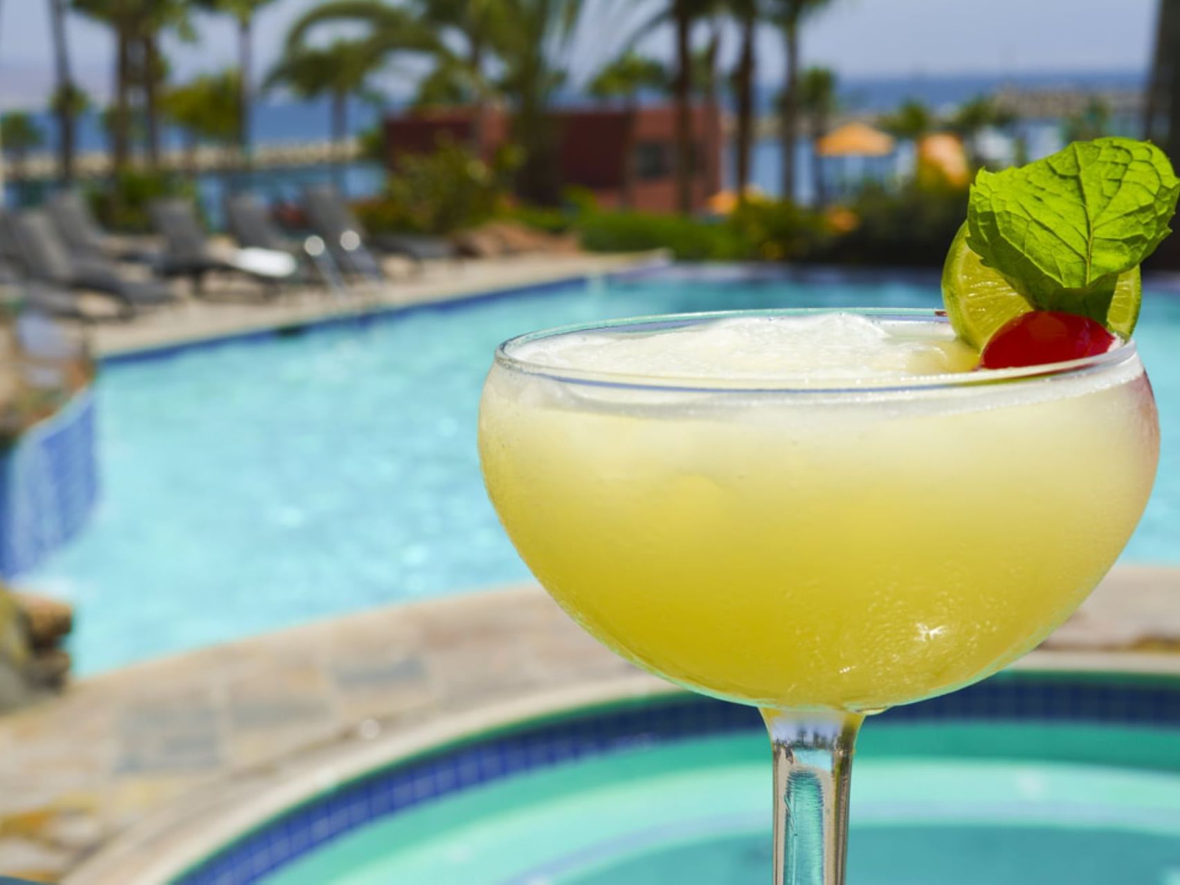 Close-up of a cocktail in Pool Bar at Hotel Coral y Marina