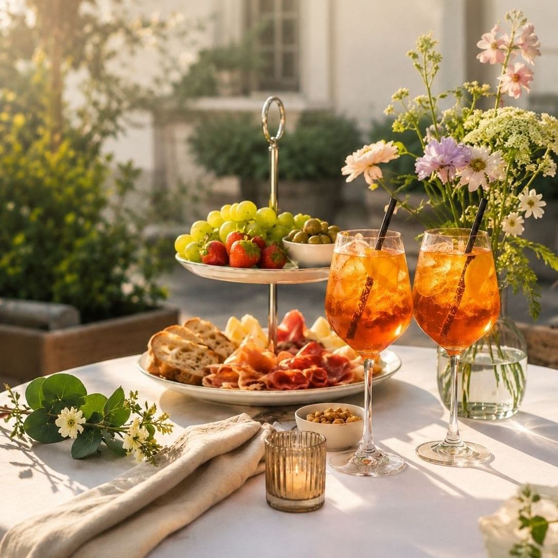 Getränke und Snacks auf einem Tisch im Freien bei Golden Hour Aperitivo.