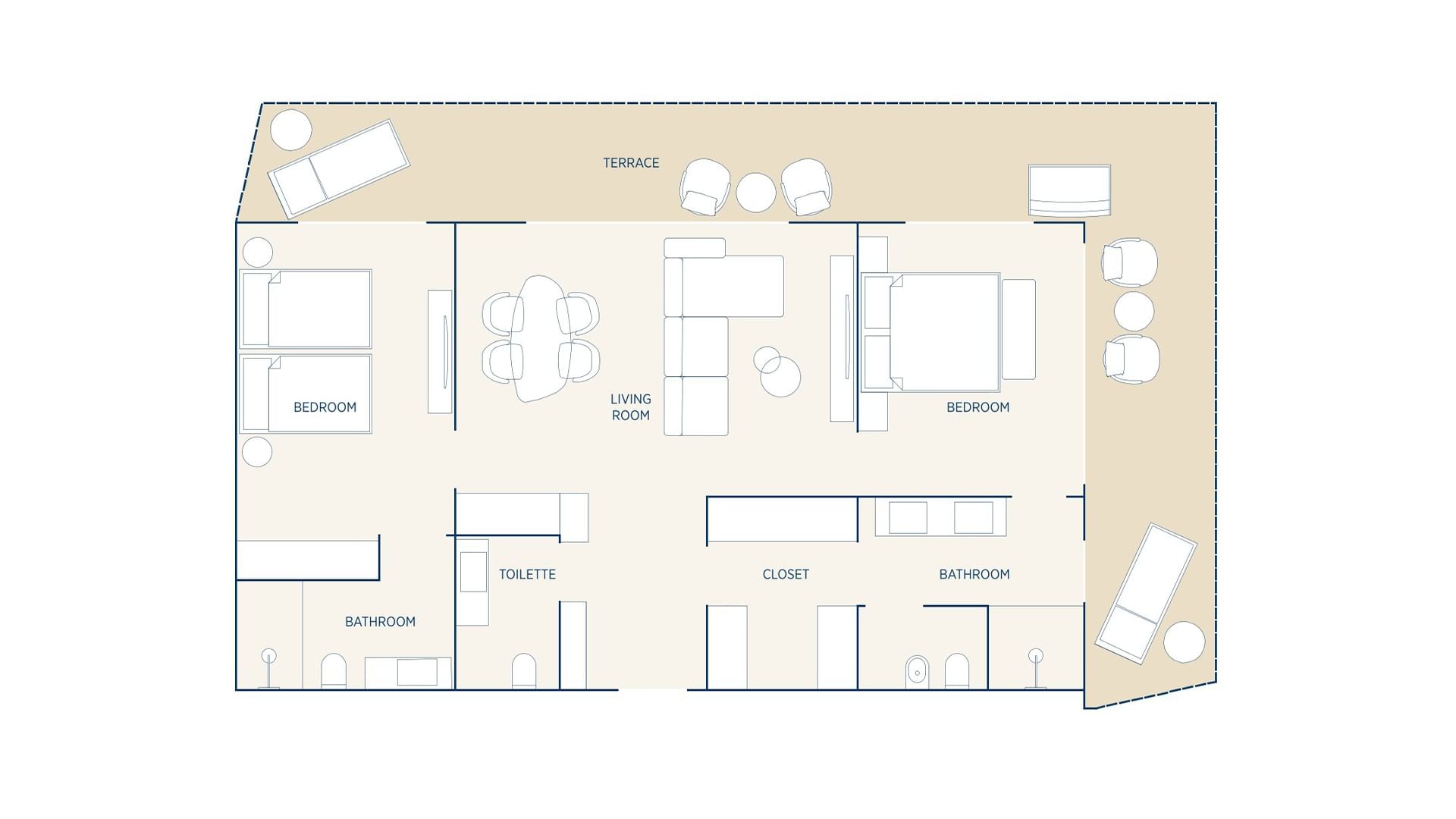 Pianta di un appartamento con due camere da letto, soggiorno, terrazza, bagno e toilette.