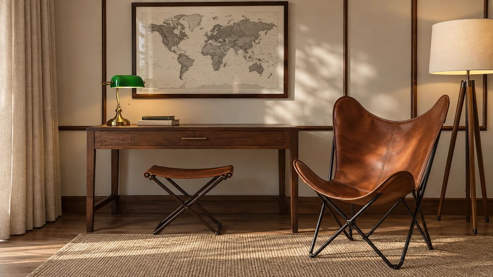 A writing desk with a green banker's lamp, a leather butterfly chair and a vintage world map