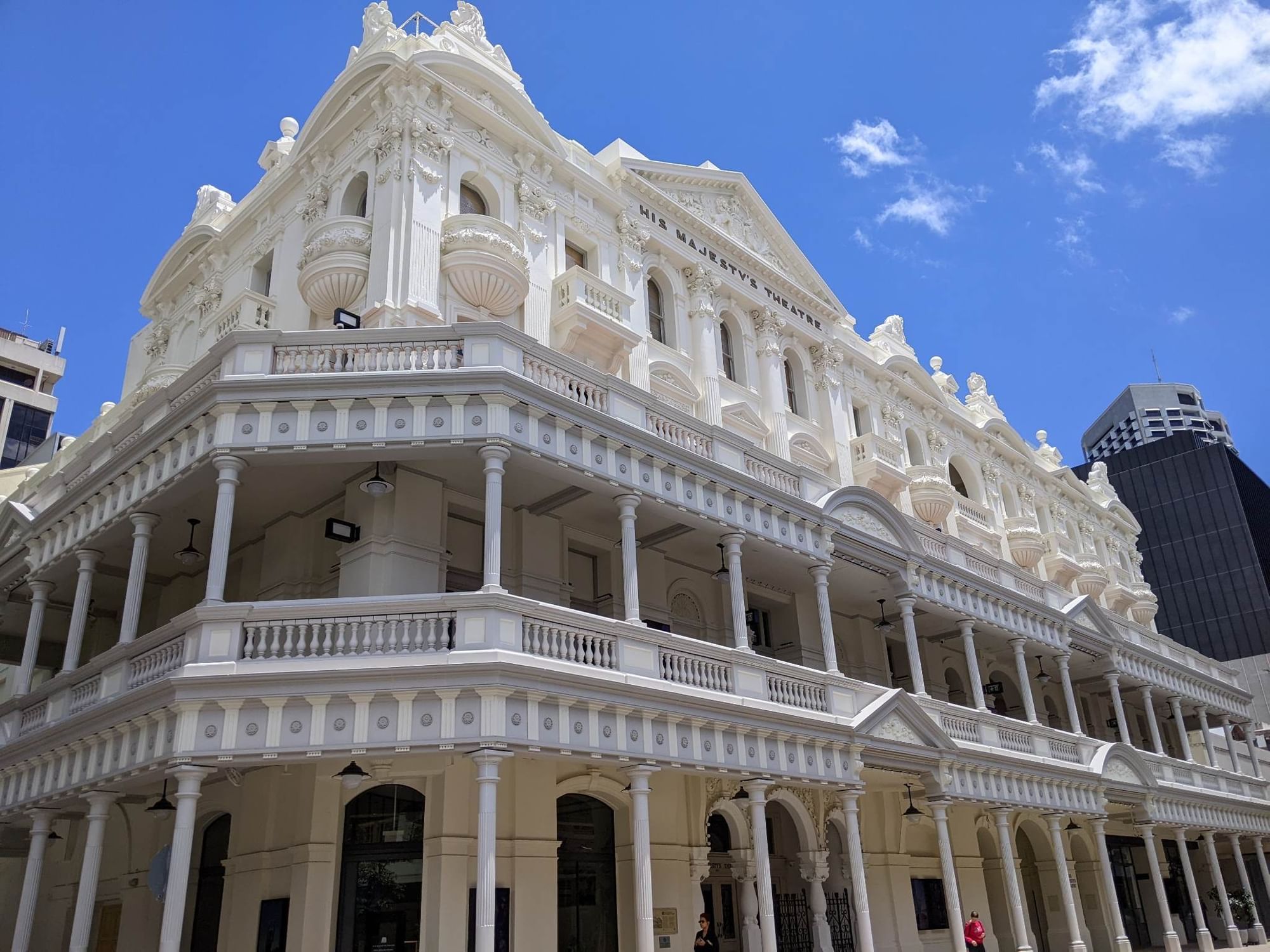Panoramic view of the exterior of His Majesty's Theatre near Melbourne Hotel Perth