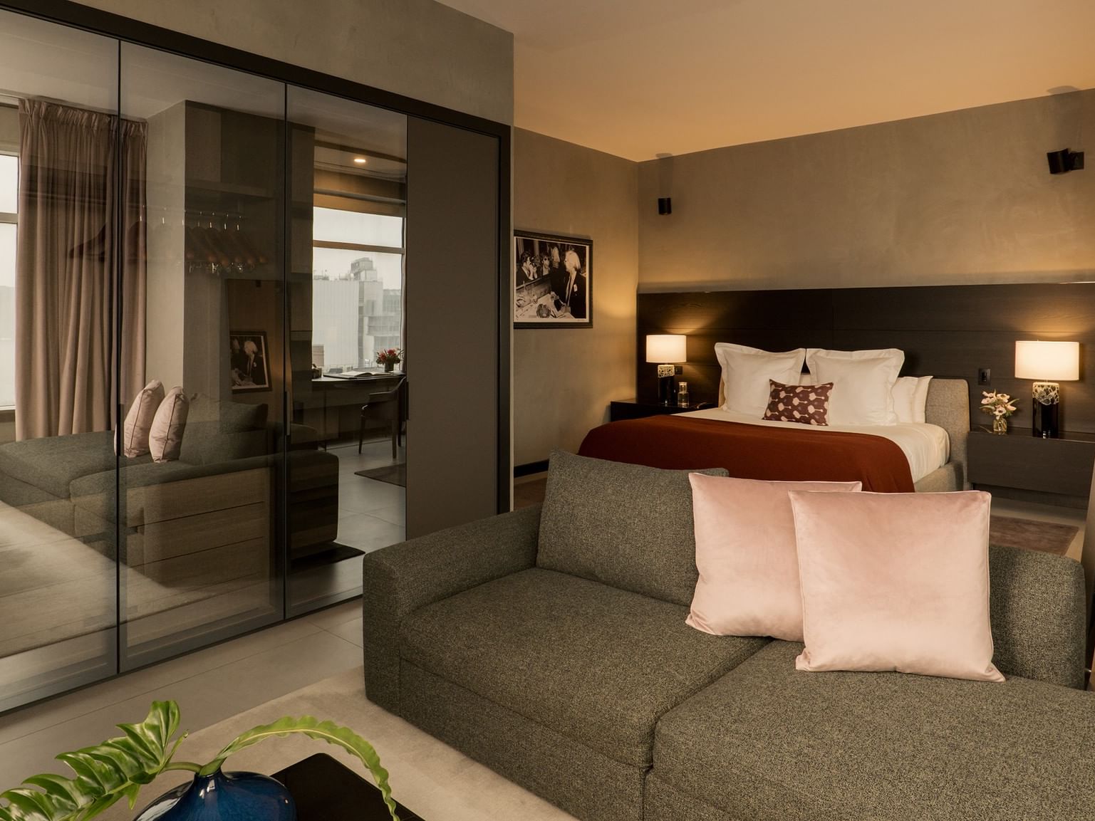 Gansevoort Meatpacking Duplex Penthouse Designed by Poliform. Upstairs king bedroom and living room. 