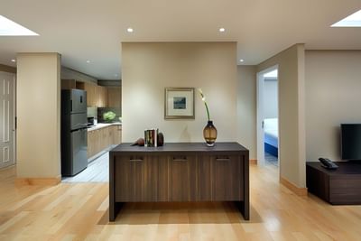 expansive living room with wood furniture