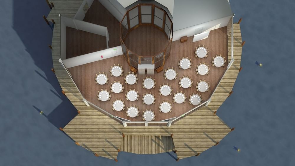 Top-down view of set-up banquets in Lily’s on the Lagoon at Novotel Sunshine Coast Resort