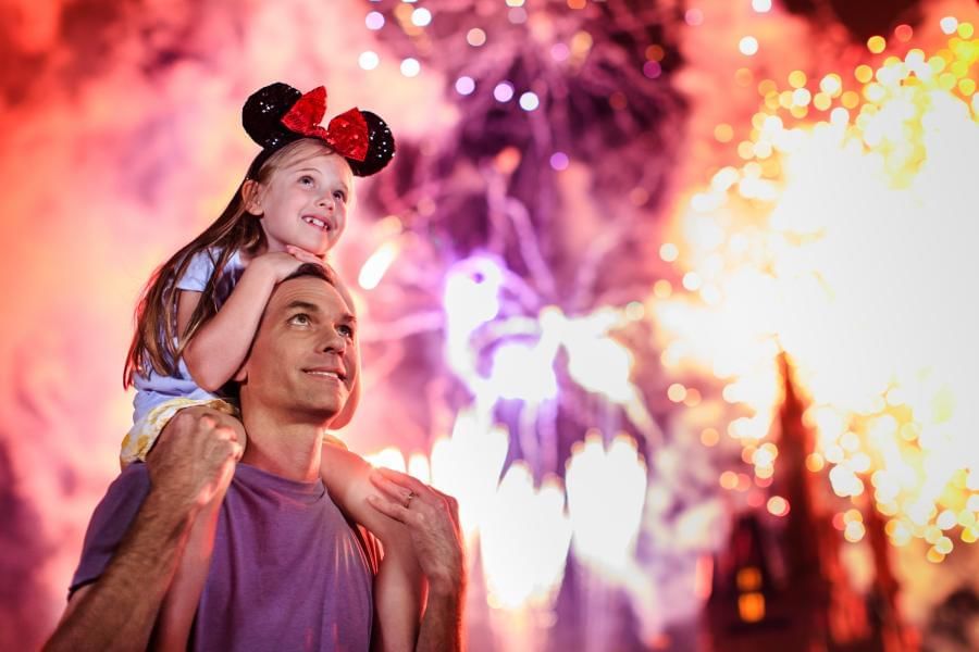 A dad and daughter enjoy Fourth of July Fireworks at Walt Disney World