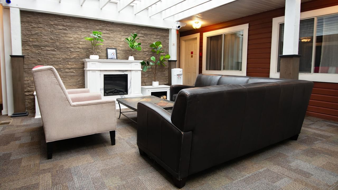 couch, fireplace, and table