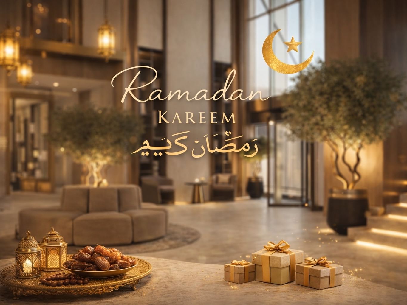 Ramadan Kareem celebration with gifts, dates, and lanterns in a luxurious hotel lobby.
